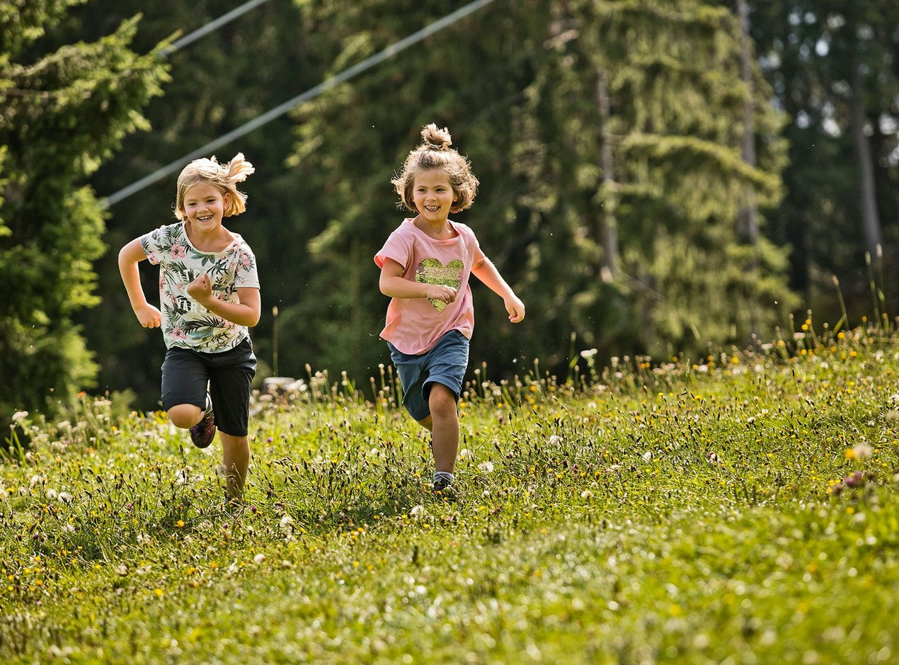 Children on flower-studded meadow next to a forest Children on flower-studded meadow next to a forest