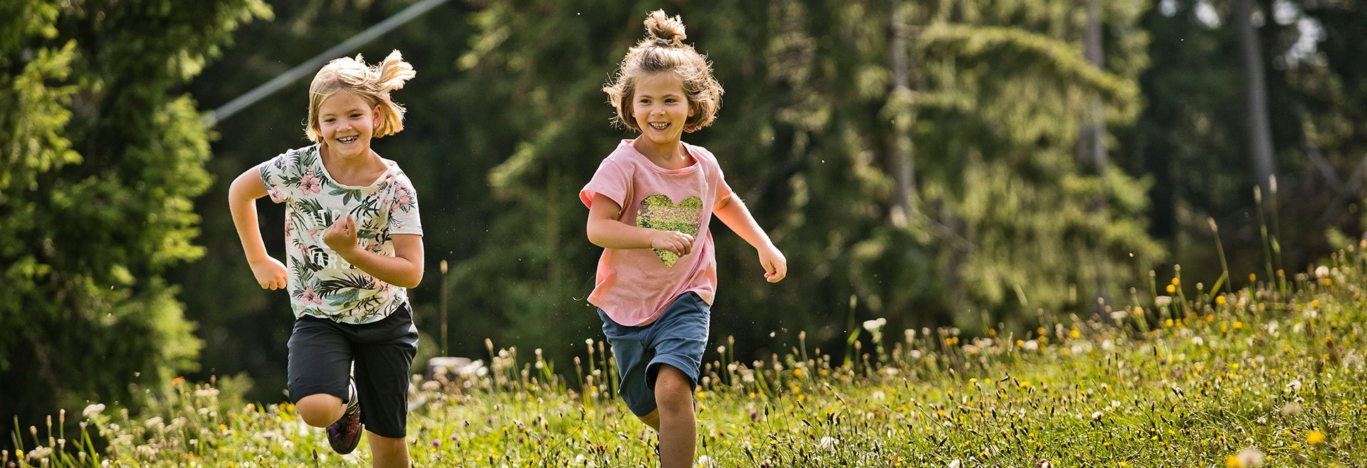 Children on flower-studded meadow next to a forest