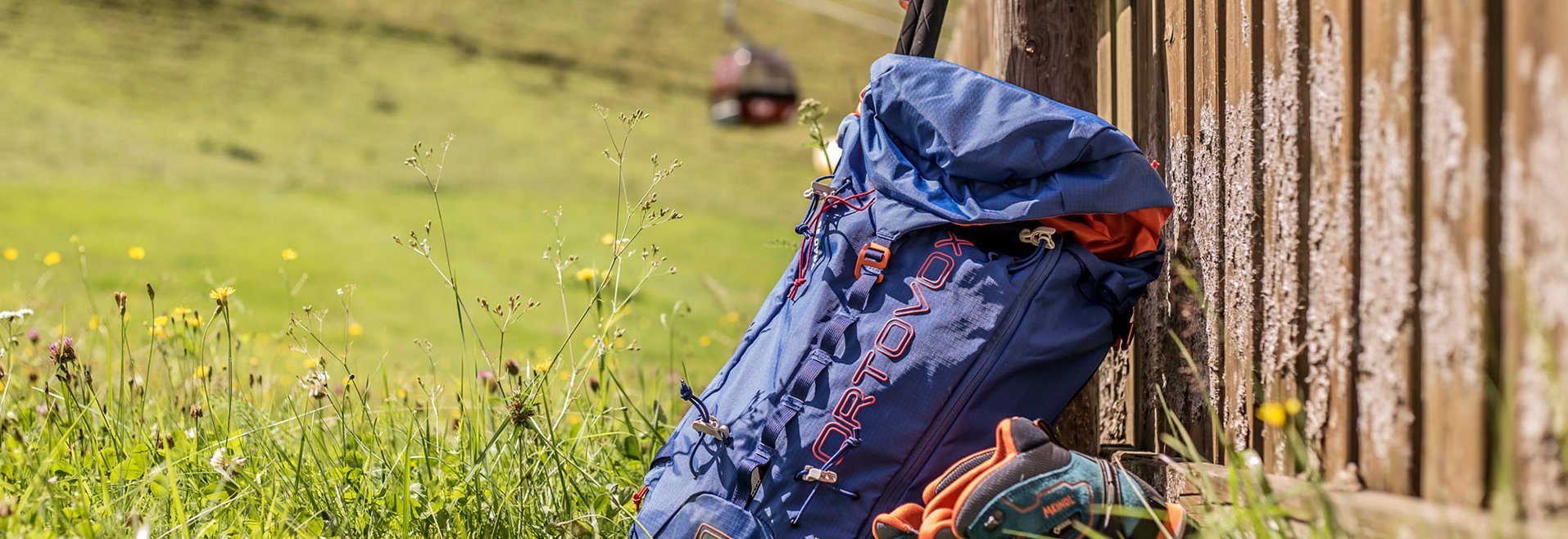 Backpack outside a mountain hut